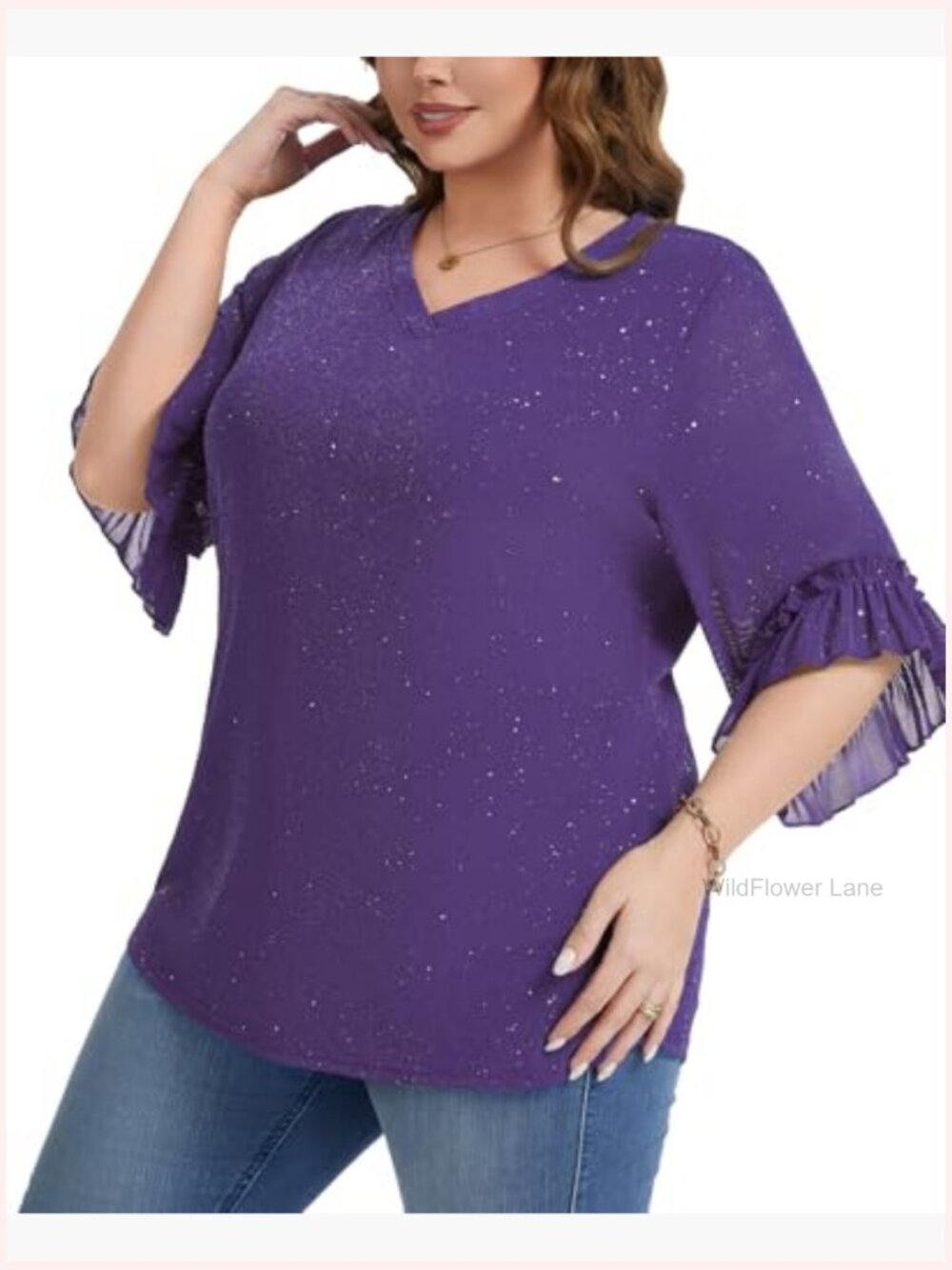 Plus Size Sequin Mesh V Neck Top Ruffled 3/4 Sleeve Blouse Party - Picture 6 of 7